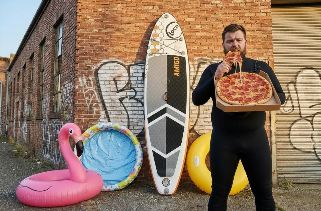 Man in wetsuit holding pizza box standing beside cheap inflatable boards and premium Loco Amigo SUP against graffiti wall
