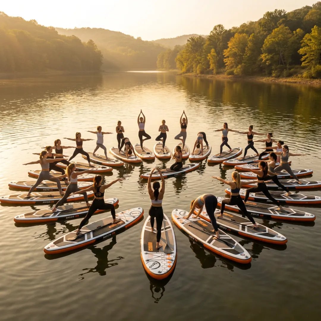 Large group of women doing SUP yoga in circle formation on Loco Amigo Air paddle boards on peaceful lake