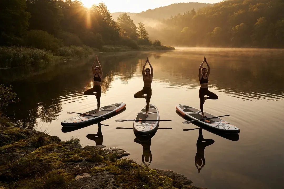 Three women holding tree pose on Loco Amigo inflatable SUP boards on misty lake at sunrise in forest setting