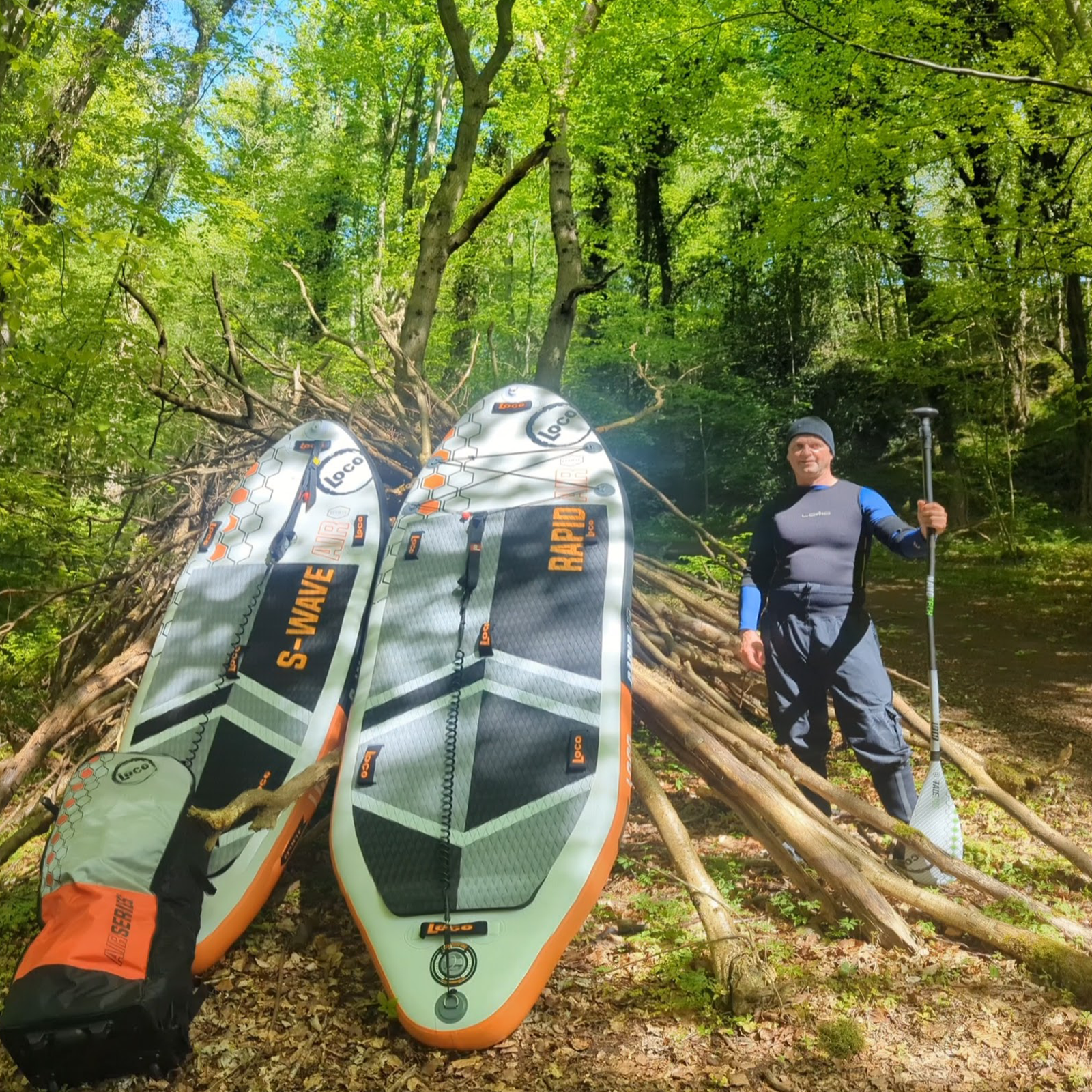 Len Cole with Loco's white water boards, Exploring the Loco S-Wave Air and Loco Rapid Air White Water Inflatable Paddleboards at Holme Pierrepont