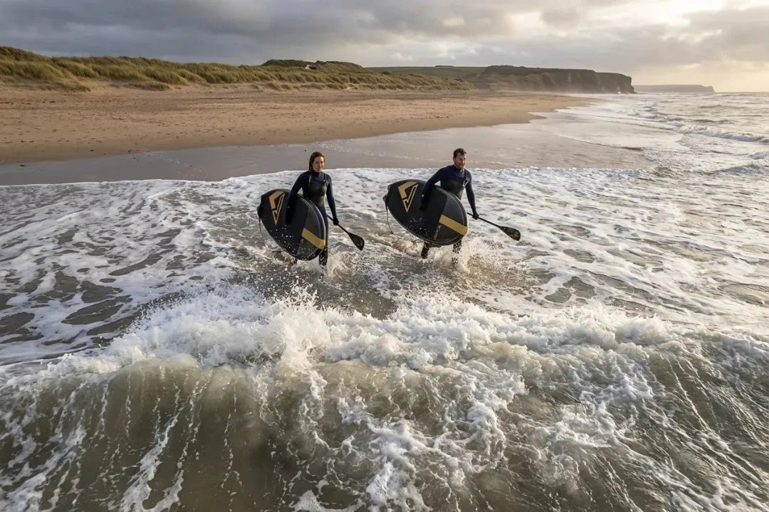 Two paddleboarders running into UK shore waves carrying Loco hard SUP boards for a fitness session on the beach