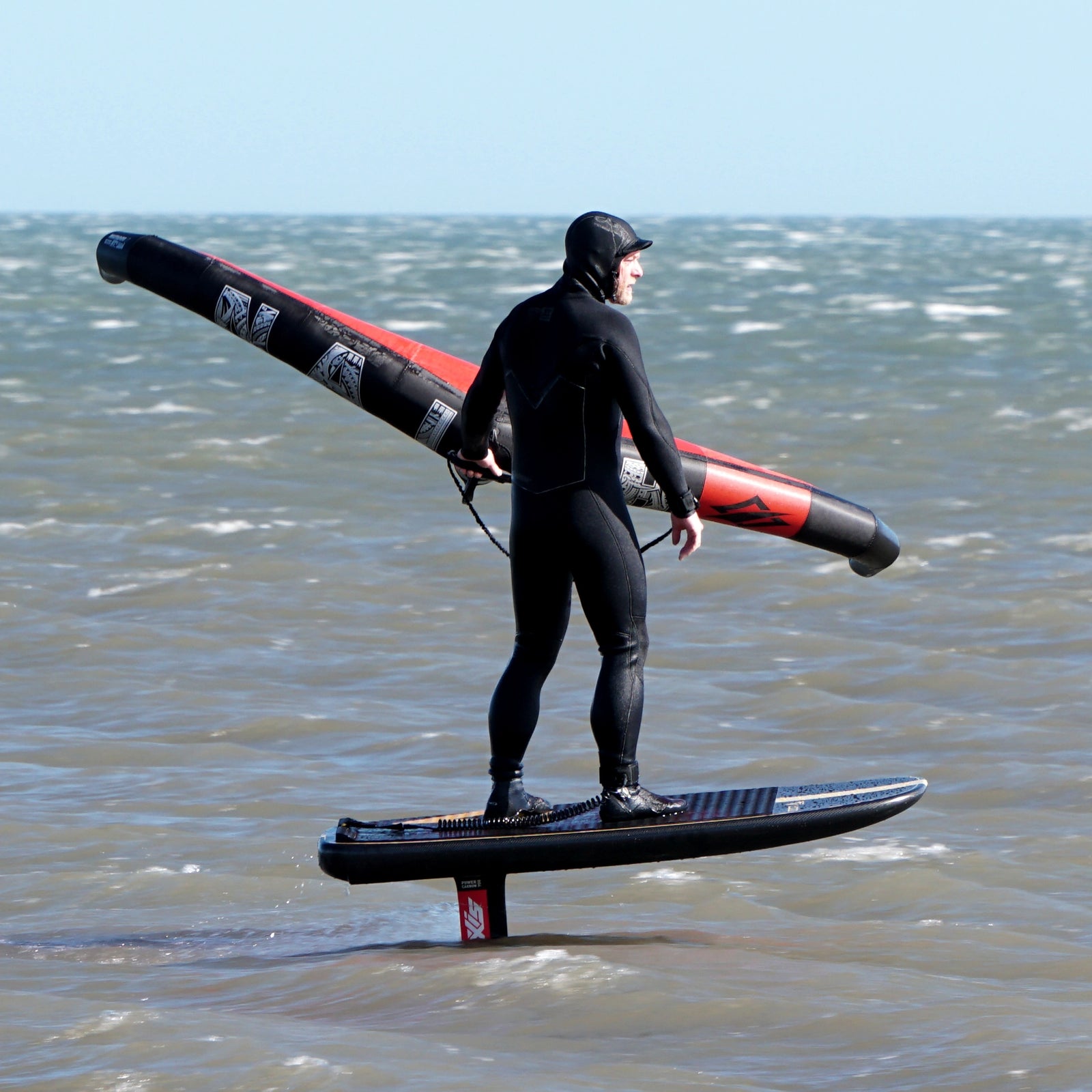 Steve riding his wing foil board in the North East UK