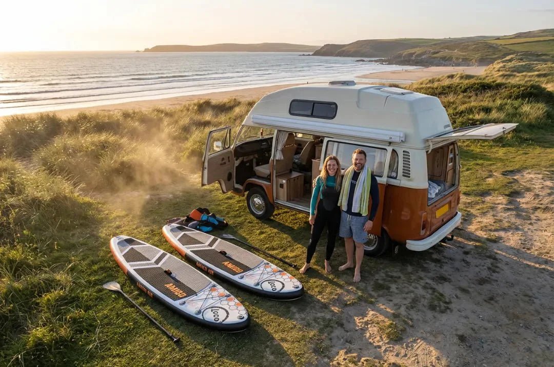 Happy couple with Loco Amigo Air inflatable paddle boards beside retro VW campervan on UK beach at sunset