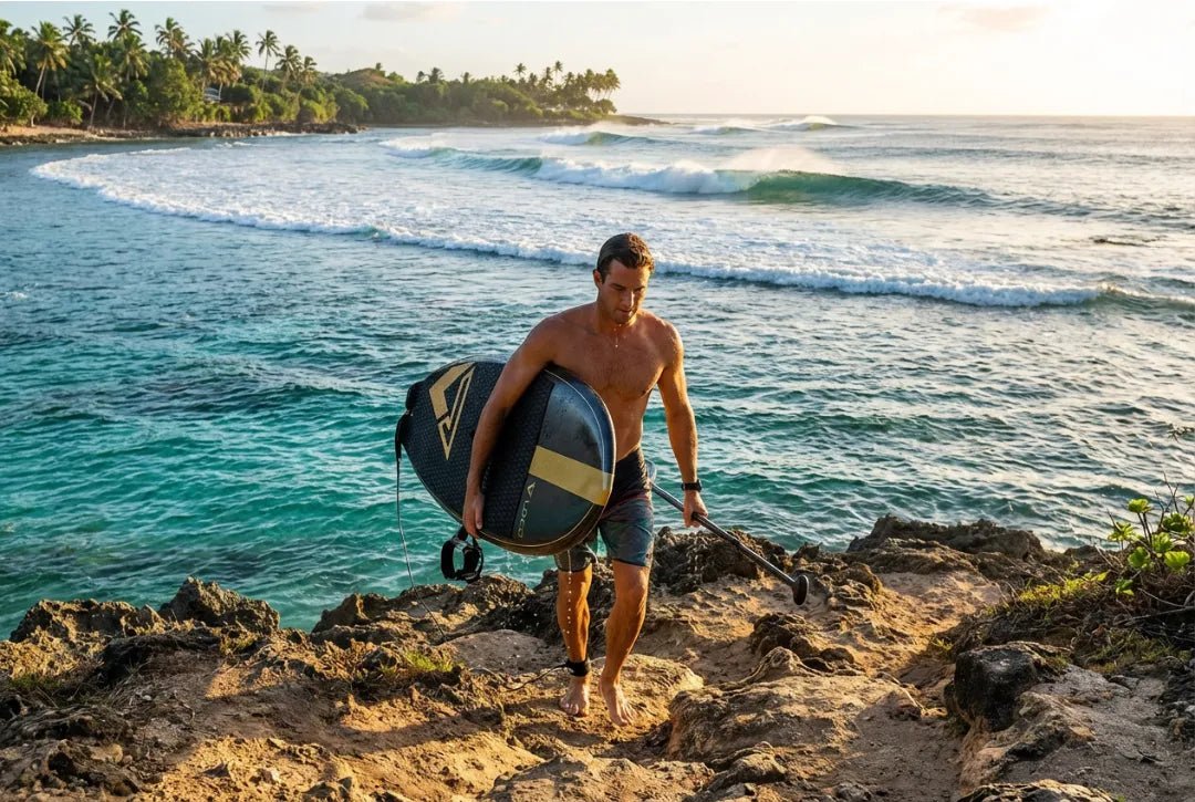 Surfer carrying Loco hard SUP board along tropical beach path at golden hour with waves breaking in background