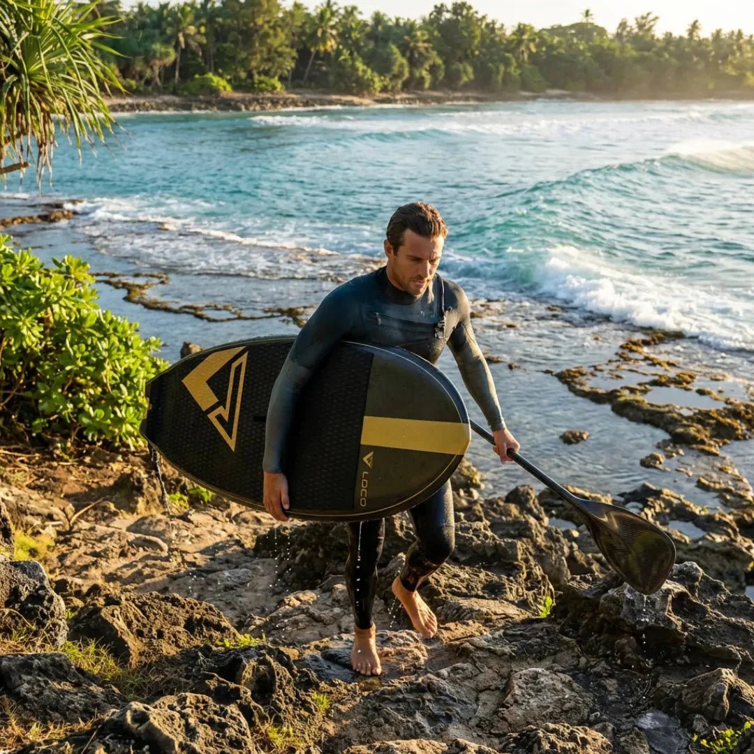 Athletic paddleboarder with toned arms carrying Loco SUP board on rocky tropical shoreline with turquoise water
