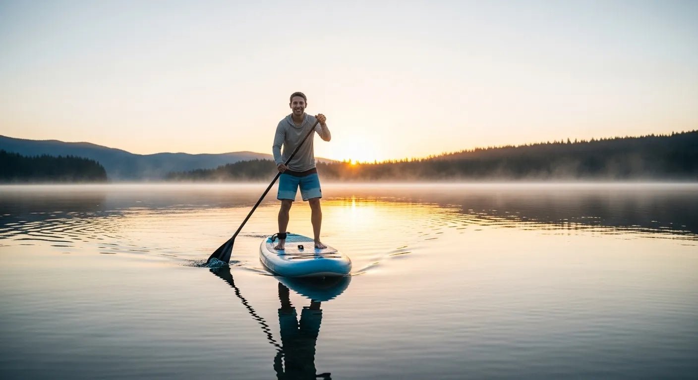 Beginner learning to stand on a paddle board in calm water.