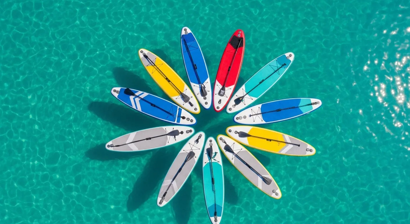 Colorful inflatable stand up paddle boards arranged on UK lake water aerial view