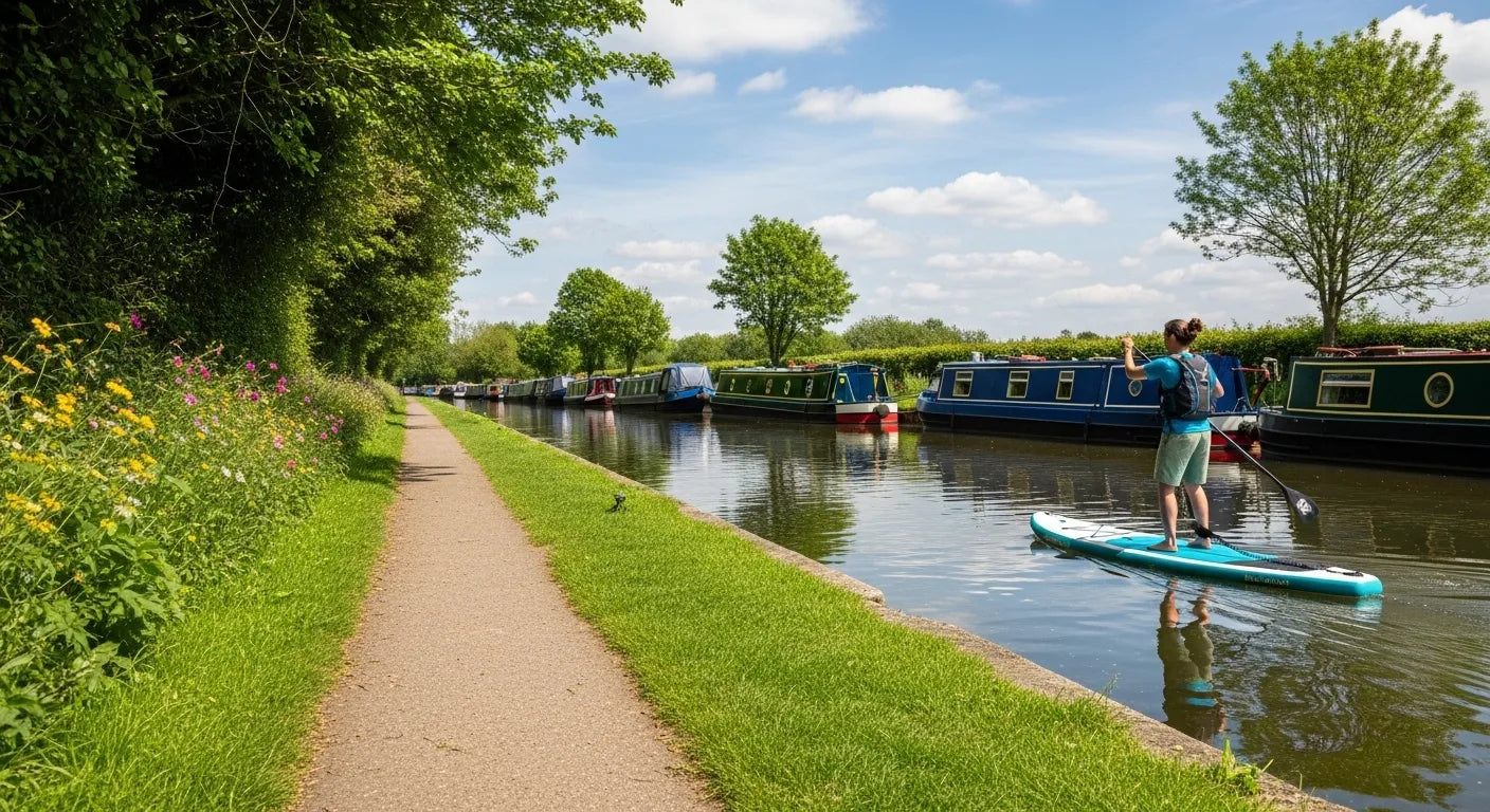 Paddleboarder on calm UK canal with narrowboats and green towpath on sunny day