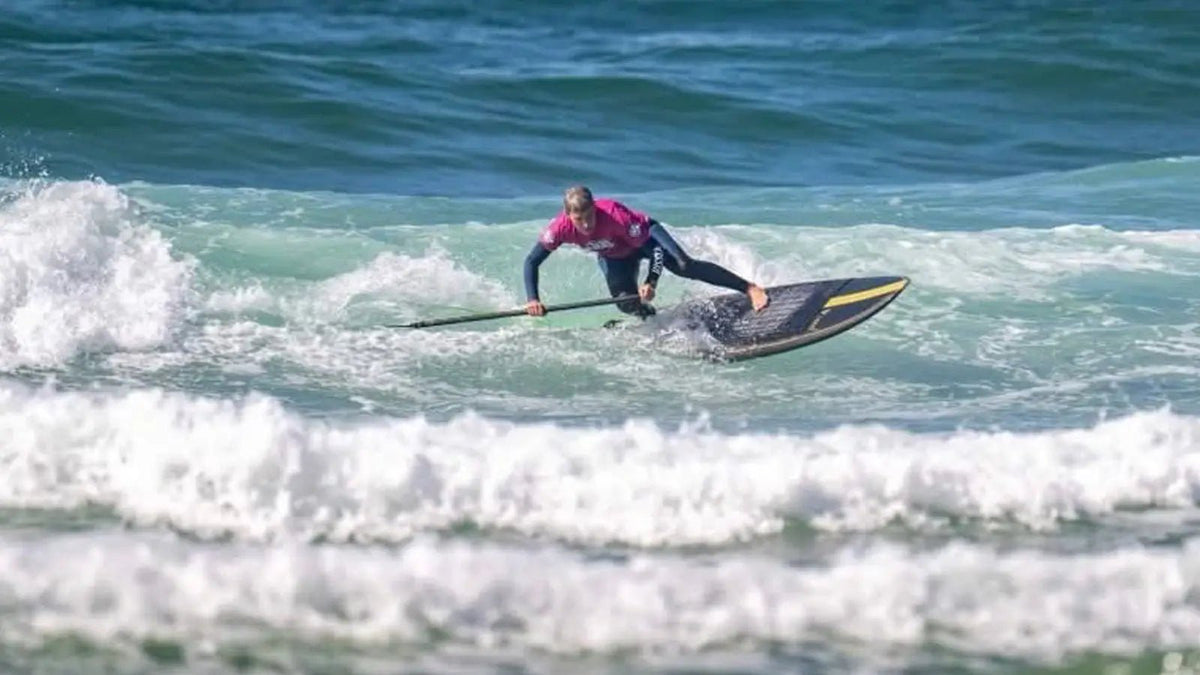 Christina Doviak surfing the Loco Surf Pro during the 2026 SUP Surf National Championships at Watergate Bay