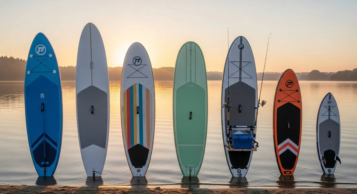 Collection of different stand-up paddle board types on a lake shore.