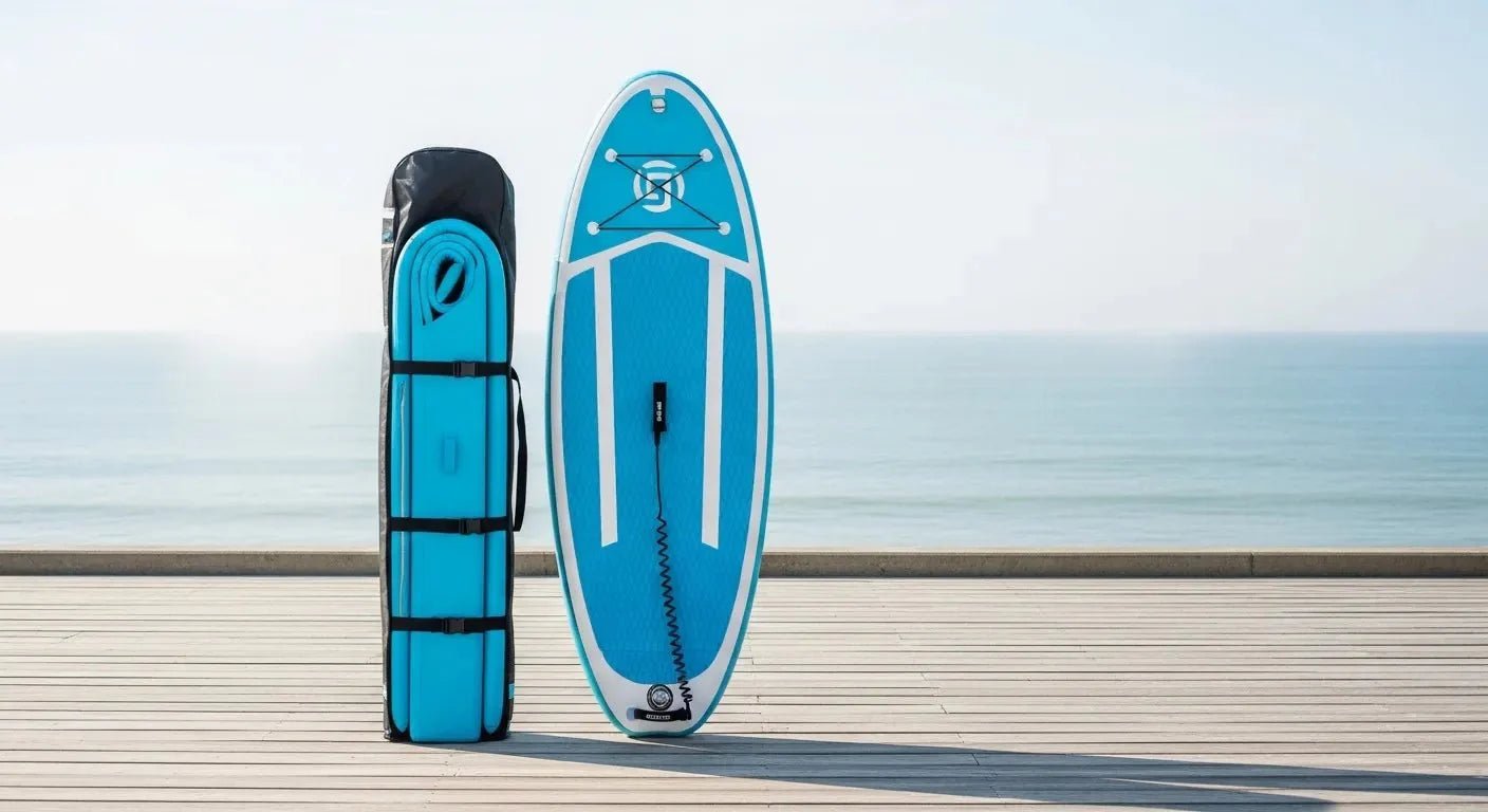 Comparison of properly rolled inflatable paddle board versus folded one with visible creases for storage guide UK