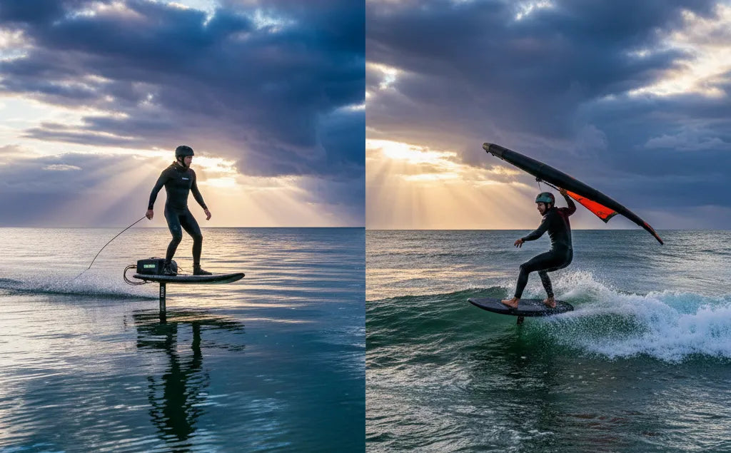 Split image comparing eFoil rider on flat water and foil assist rider on waves showing key differences between systems