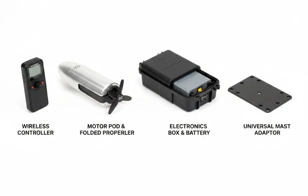 Foil Drive electric assist system components including motor pod, wireless controller, battery box and mast adaptor