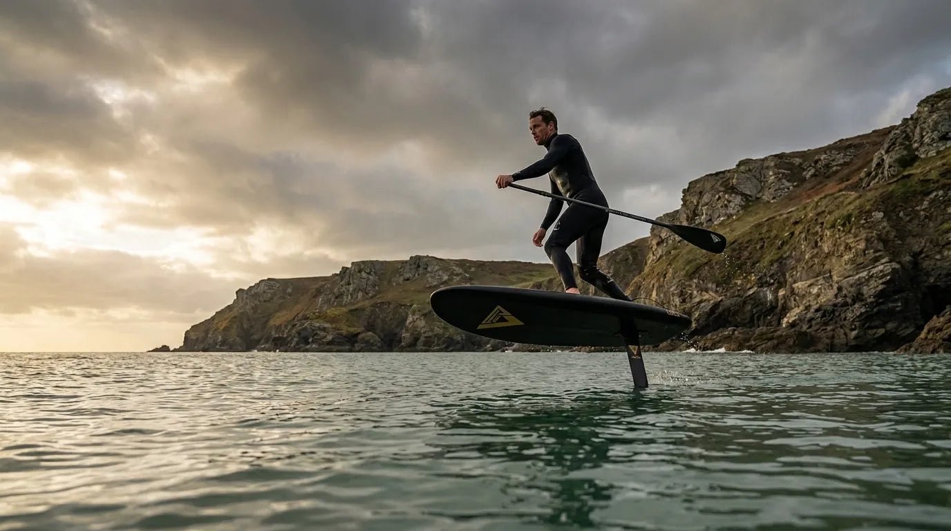 Rider on a hydrofoil SUP board flying above the water surface in the UK