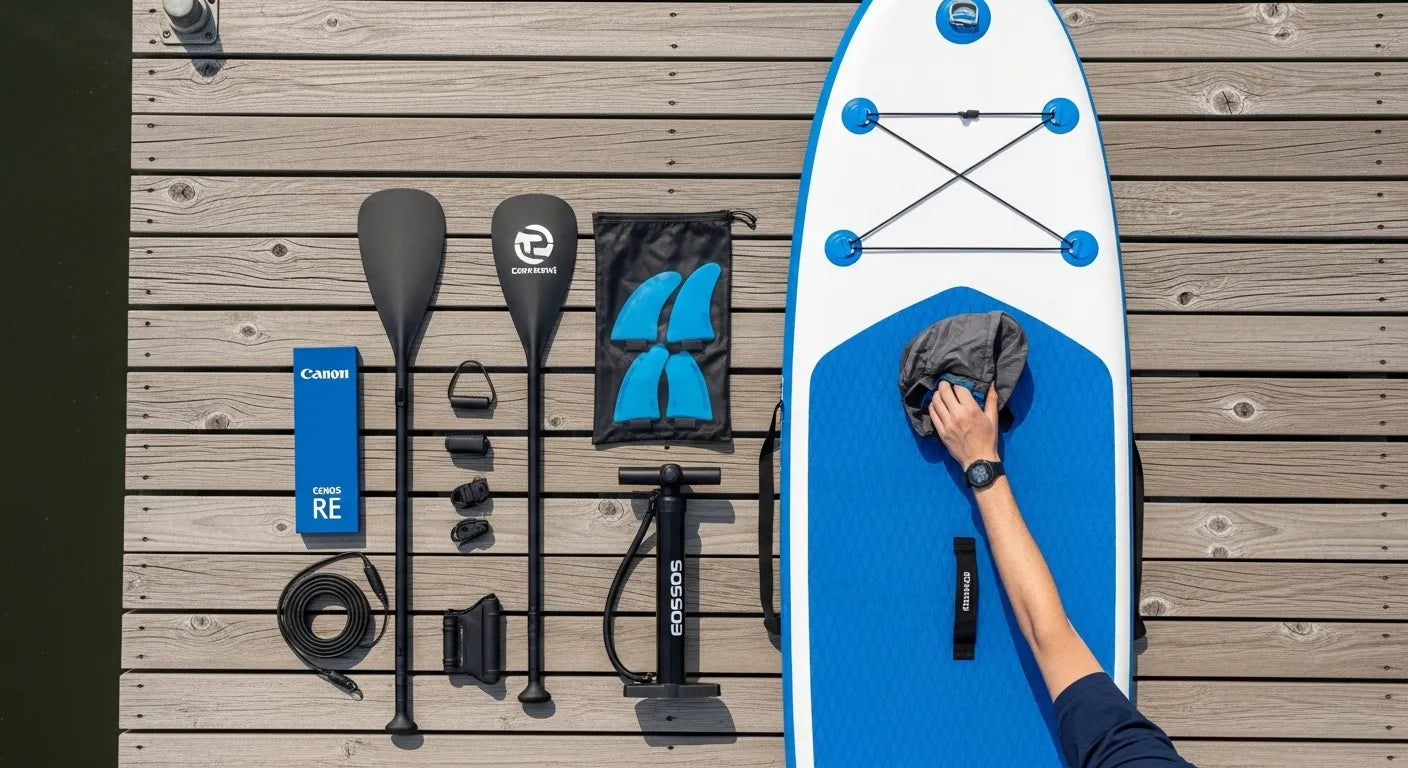 Inflatable paddle board with pump, paddle, fins and accessories laid out for packing into travel bag on dock