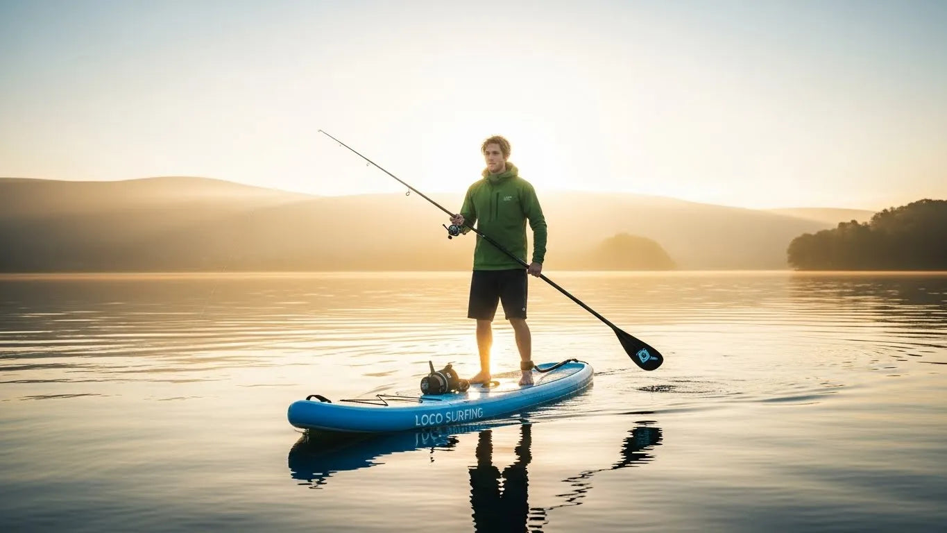 Paddler with fishing rod on Loco inflatable SUP at sunrise, UK lake