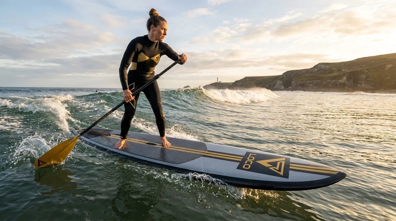Surfer on a longboard SUP catching a wave at a UK beach break