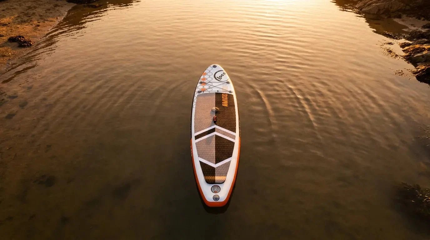 Premium MSL inflatable paddleboard on a calm UK coastal inlet at golden hour