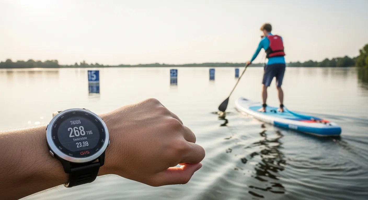 SUP paddler checking GPS watch while paddling to track one mile distance time