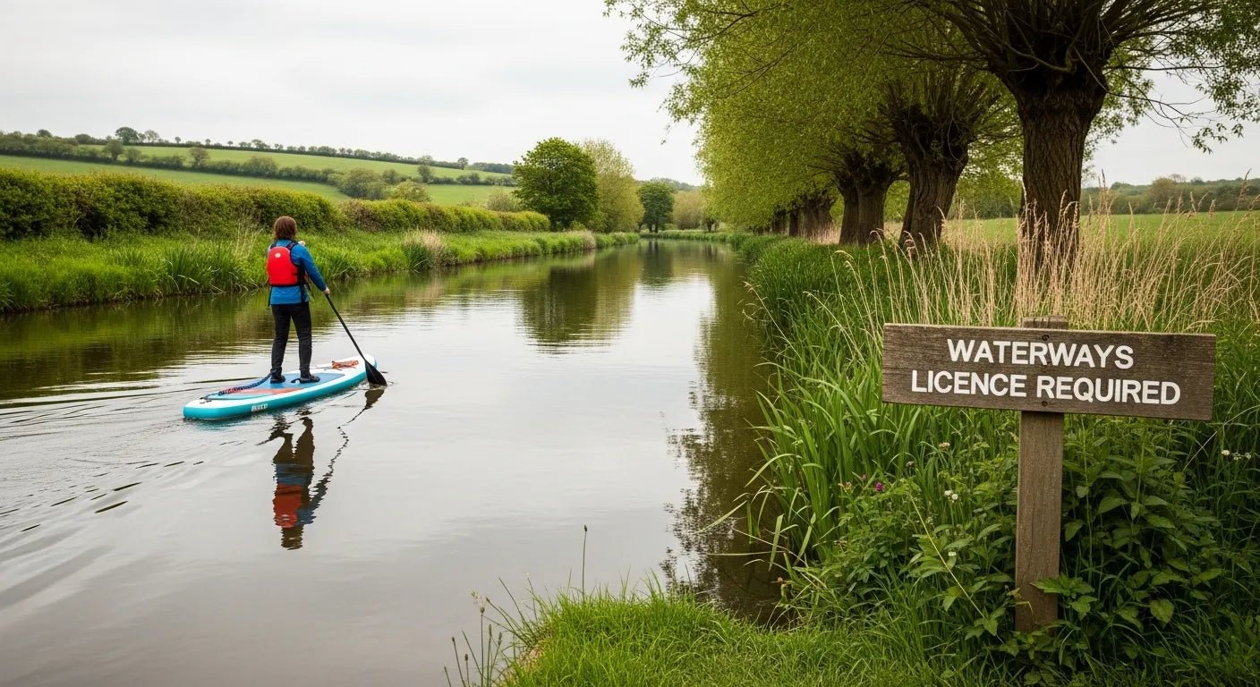 Paddle boarder on UK canal where waterways licence is required