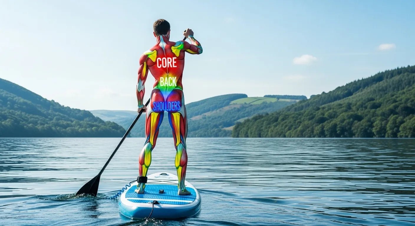 Paddle boarder on water with anatomical overlay showing muscles worked during SUP