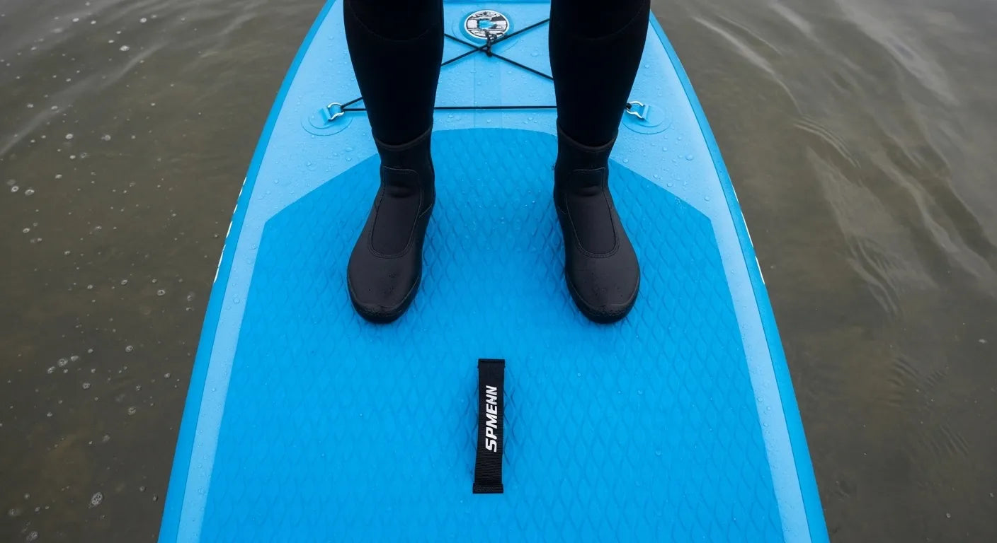 Paddleboarder wearing neoprene boots on inflatable stand up paddle board in UK coastal waters showing proper footwear for cold weather paddling