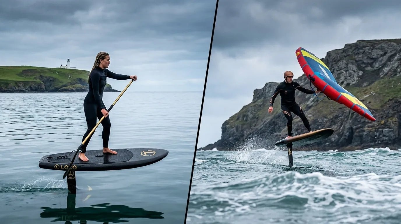 Side-by-side comparison of a SUP foiler using a paddle and a wing foiler holding an inflatable wing above choppy UK coastal water.