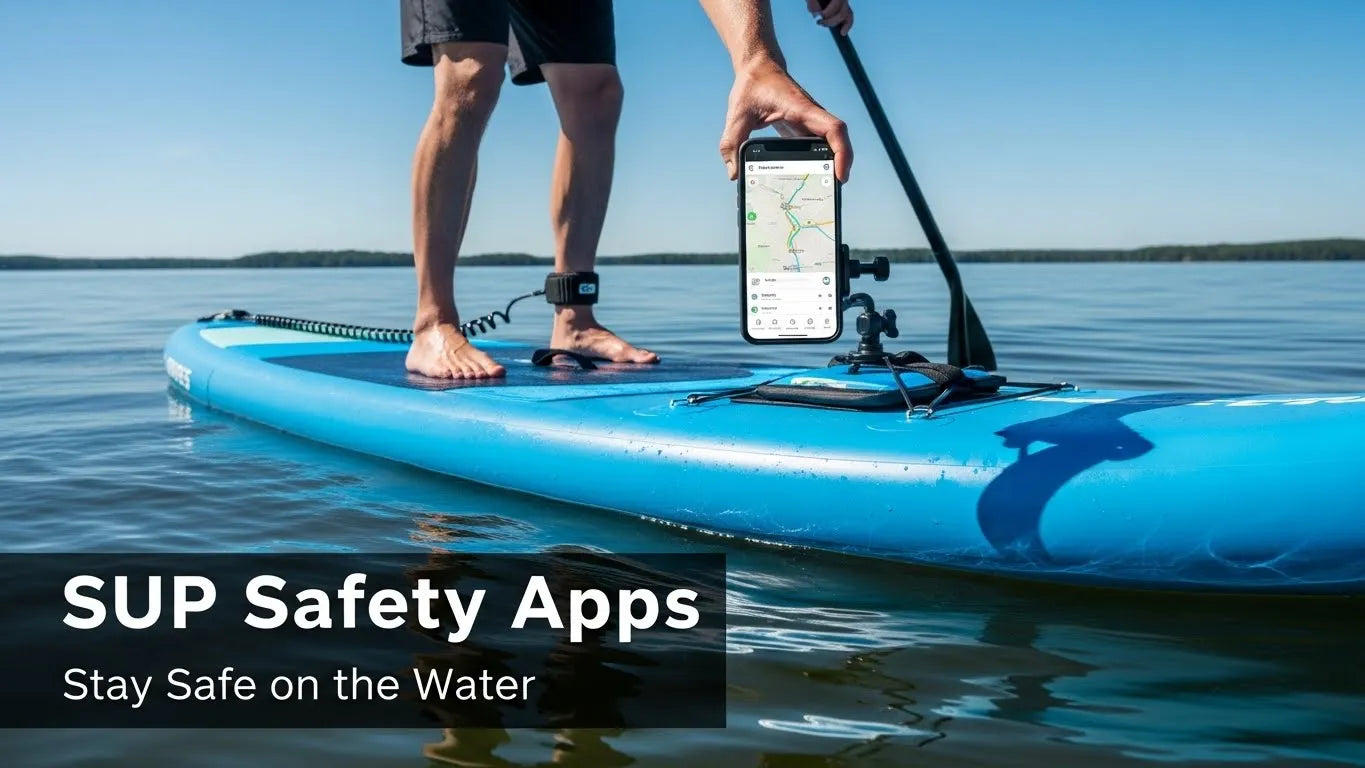 Stand up paddle boarder checking safety app on phone mounted on SUP board in calm water
