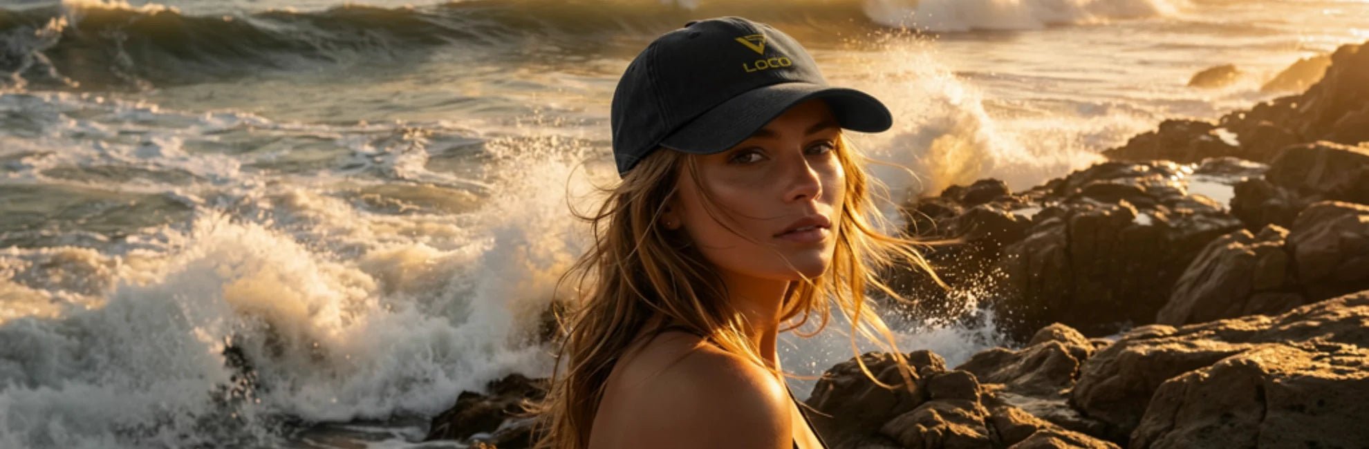 Surfer girl wearing Loco cap at sunset with breaking waves in background