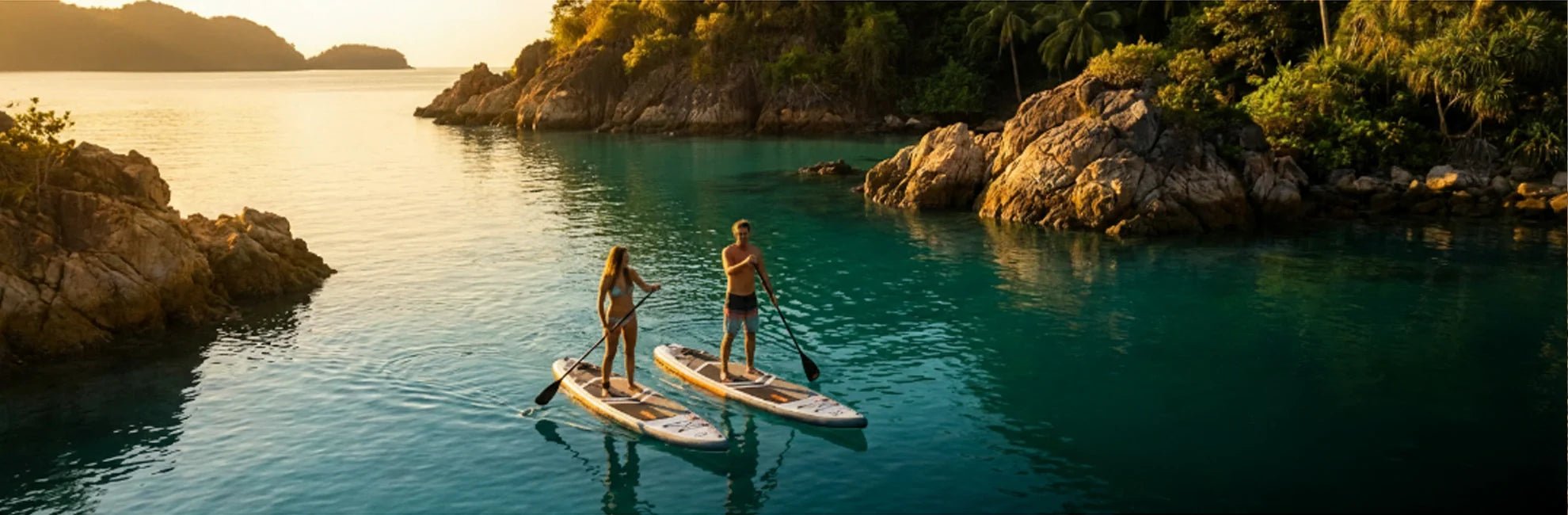 Couple touring a lake on race boards just before sunset