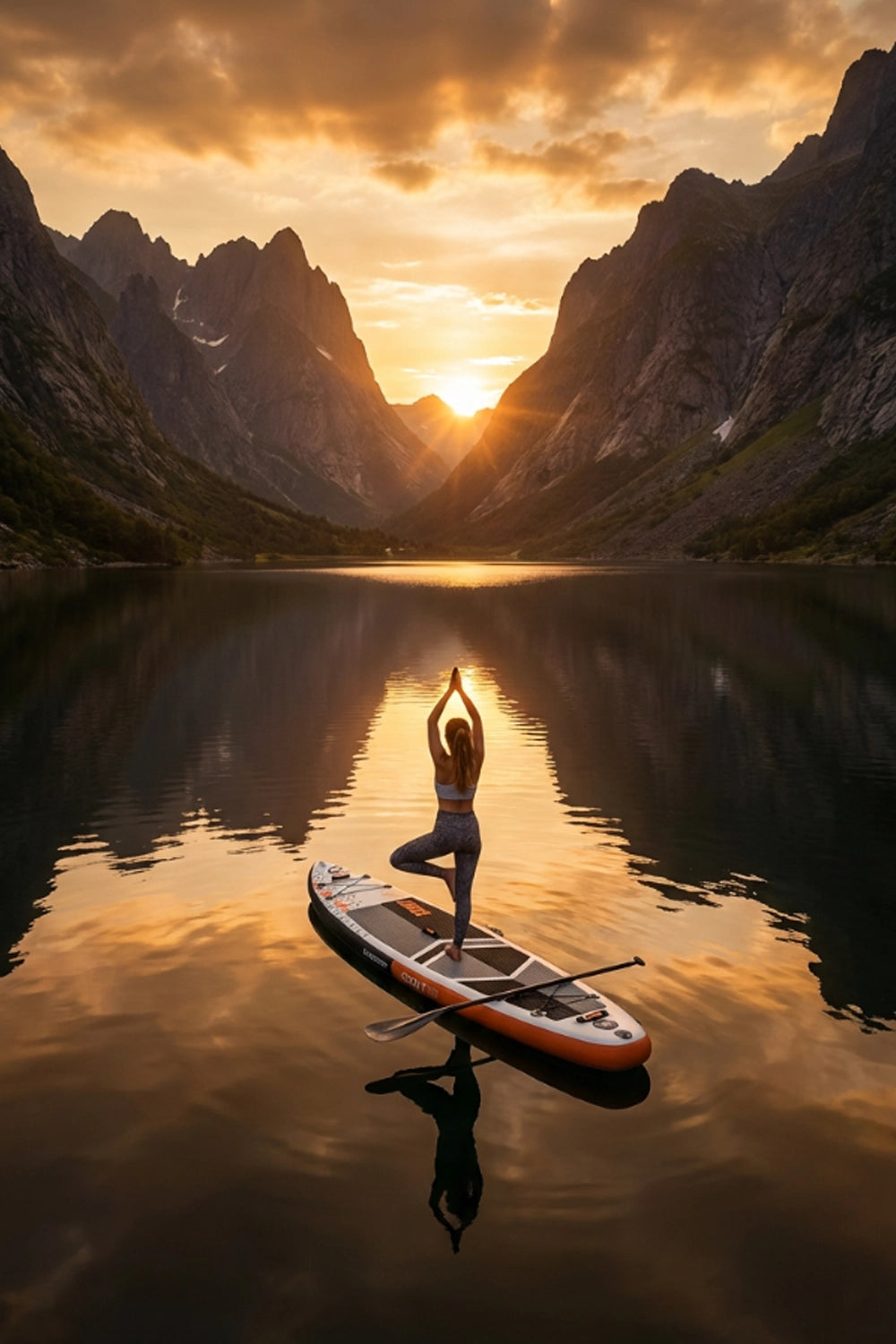 Woman doing yoga on a paddleboard in a mountainous lake at sunset