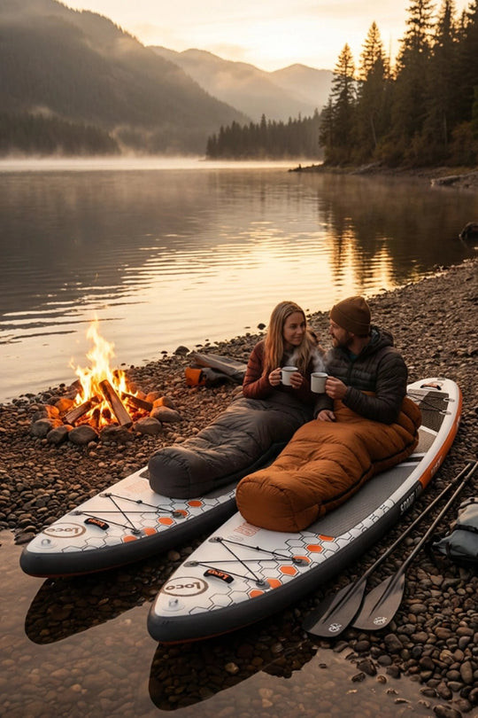Two people sitting on paddleboards by a campfire on a lake with mountains in the background