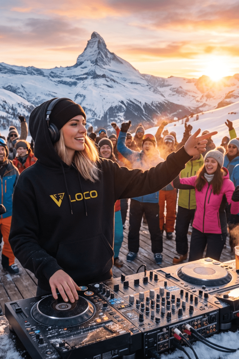 DJ at a snowy mountain event with 'LOCO' branded hoody