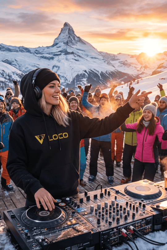 DJ at a snowy mountain event with 'LOCO' branded hoody