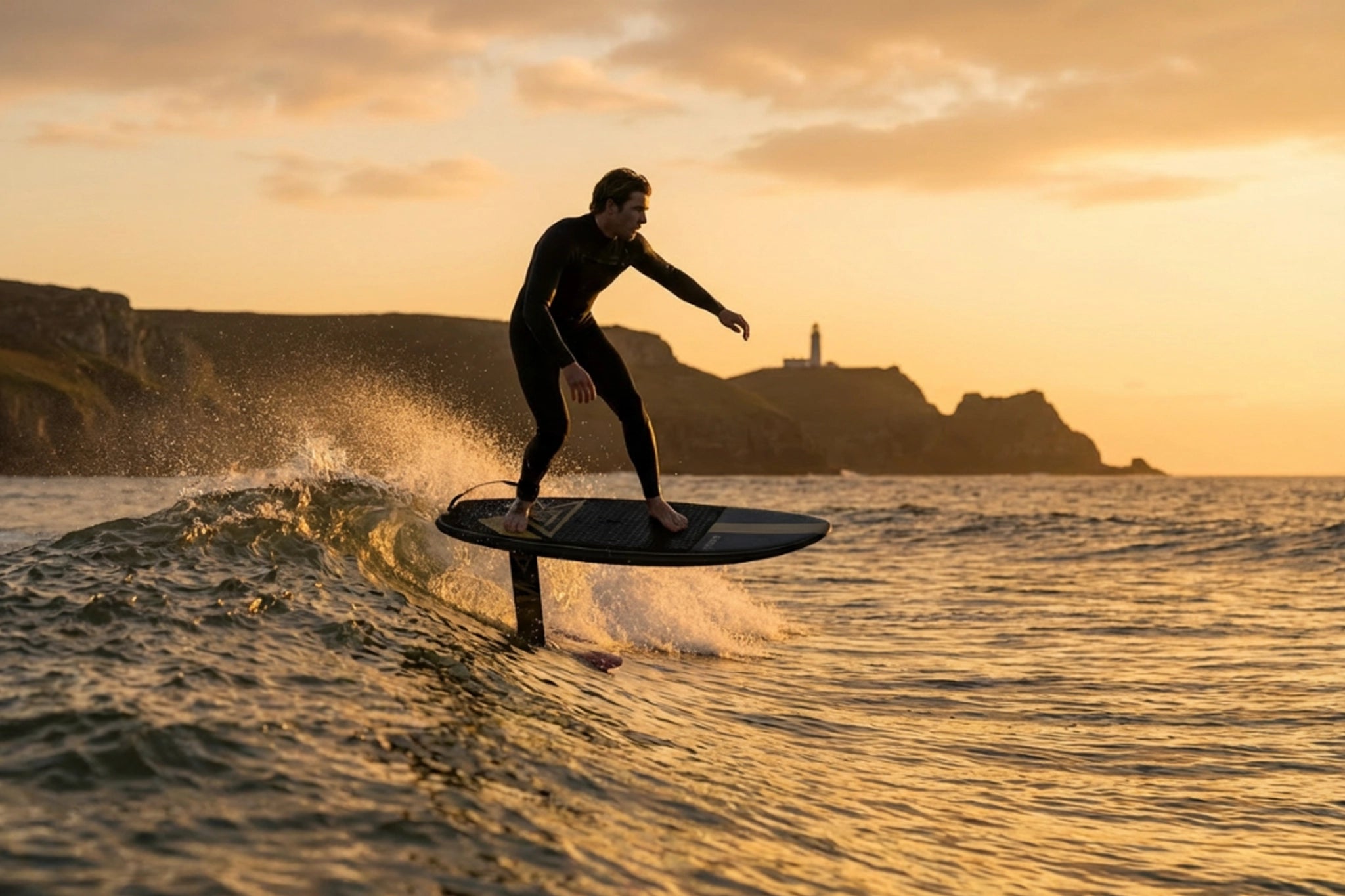 Hydrofoil surfboard rider on a wave with a sunset and cliffs in the background