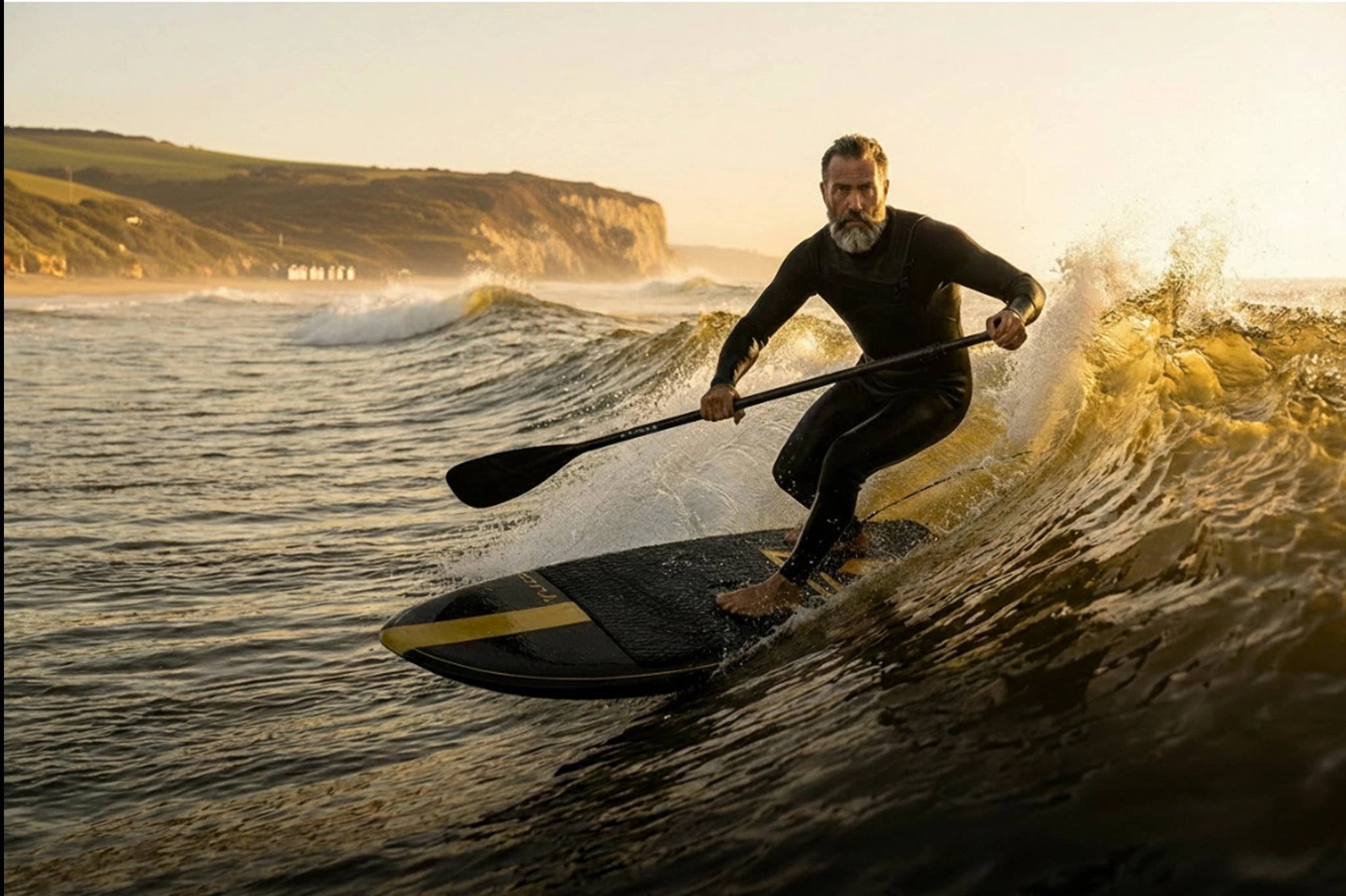 Man paddleboarding on a wave with a scenic background