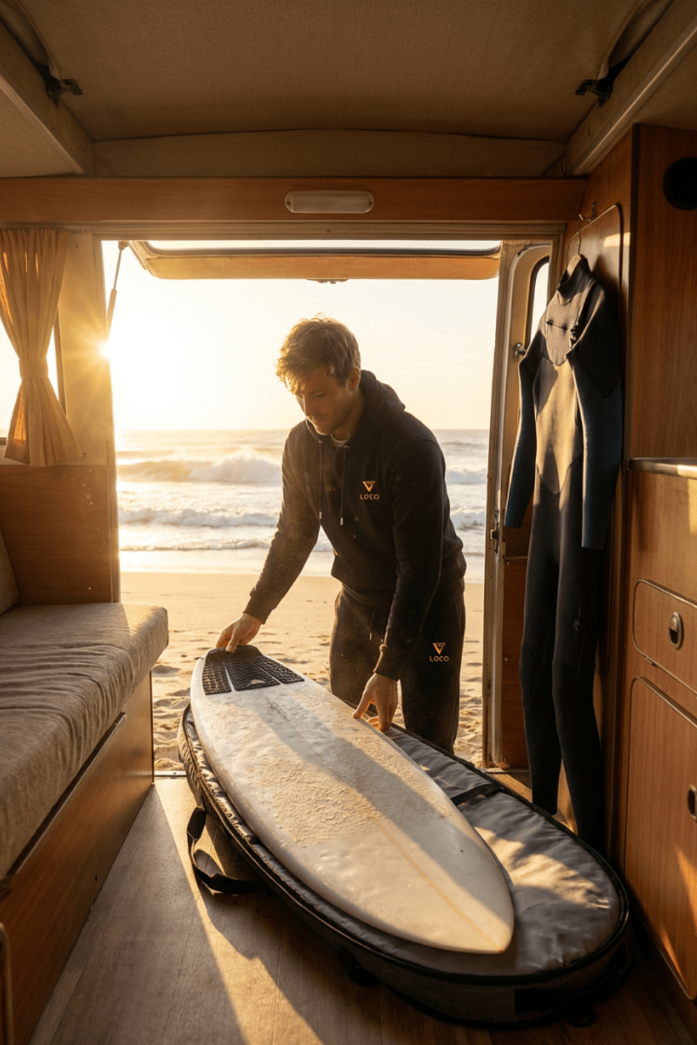 Surfer takes out his board with sunny waves in background wearing Loco SUP clothing