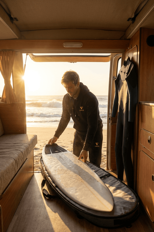 Surfer takes out his board with sunny waves in background wearing Loco SUP clothing