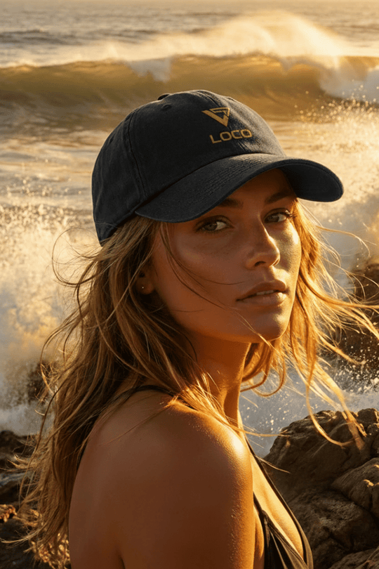 Woman wearing a Loco cap by the ocean