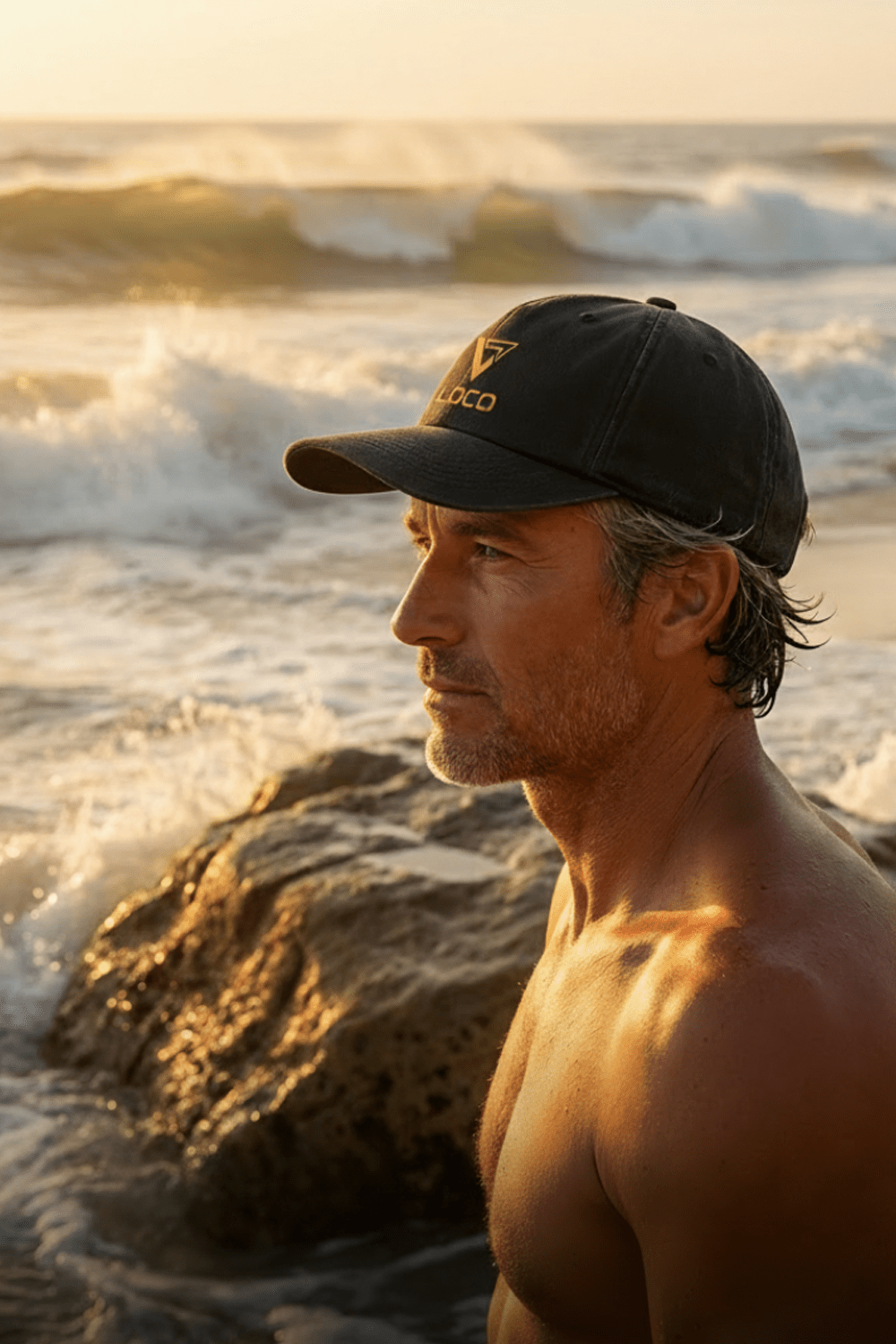 Man wearing a black and gold Loco on a beach at sunset
