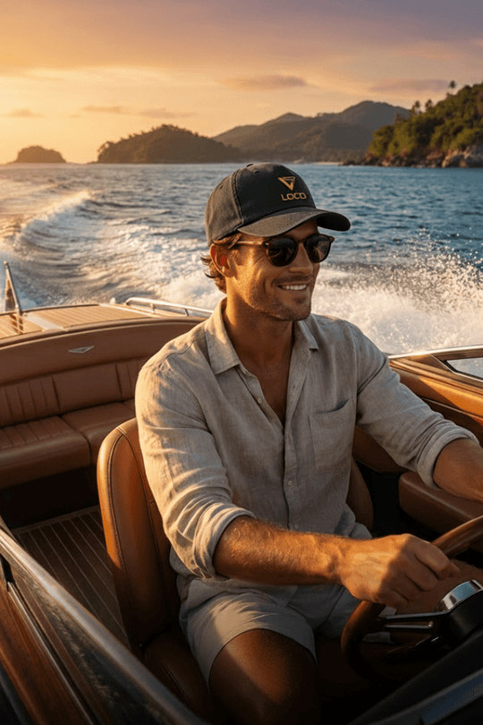 Man driving a boat on a scenic waterway with mountains in the background