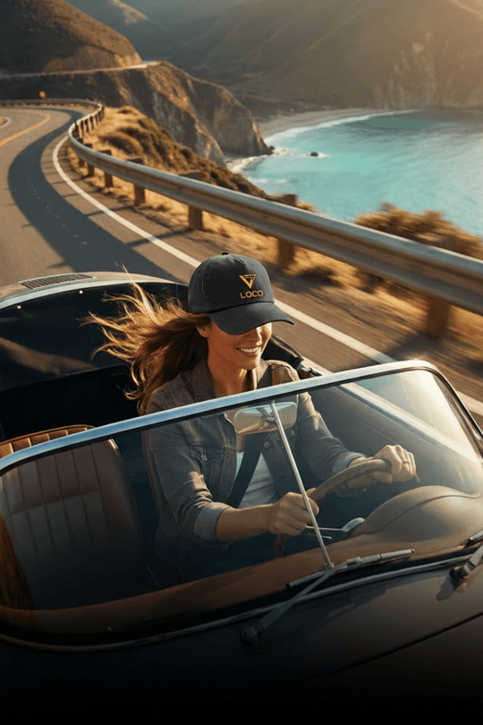 Woman driving a convertible car on a scenic coastal road with ocean view.