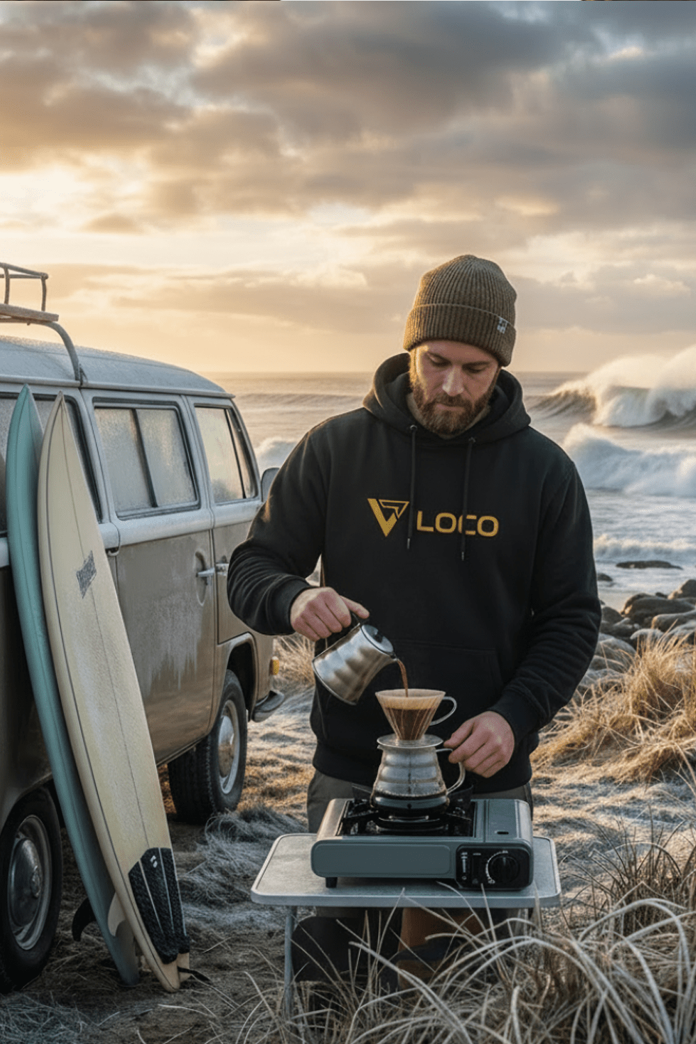Surfer making coffee with campervan and waves in background on a fresh but sunny day