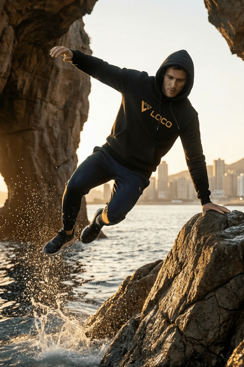 Paddleboarder in a hoodie jumping around rocks to avoid the water with a cityscape in the background