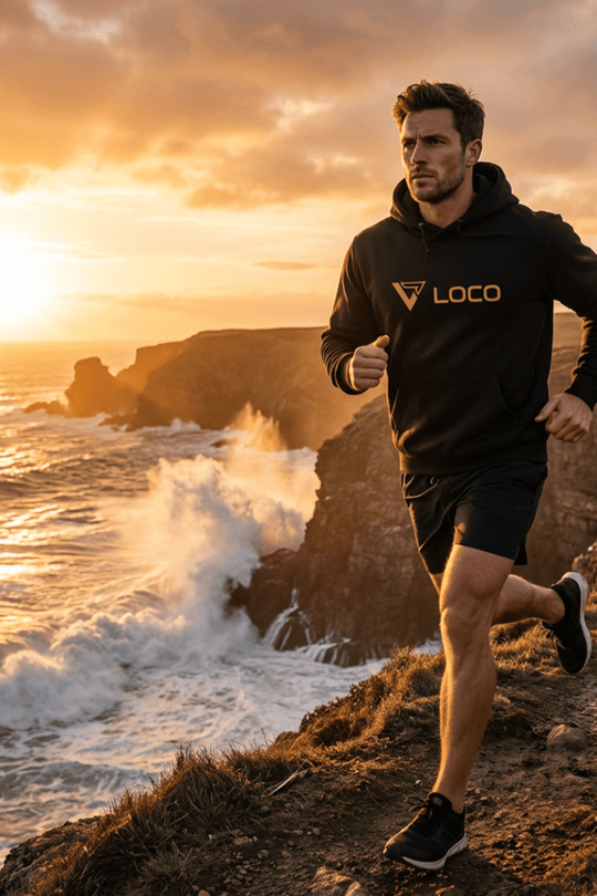 SUP surfer doing a cross-training run on a cliff path with ocean waves and sunset in the background