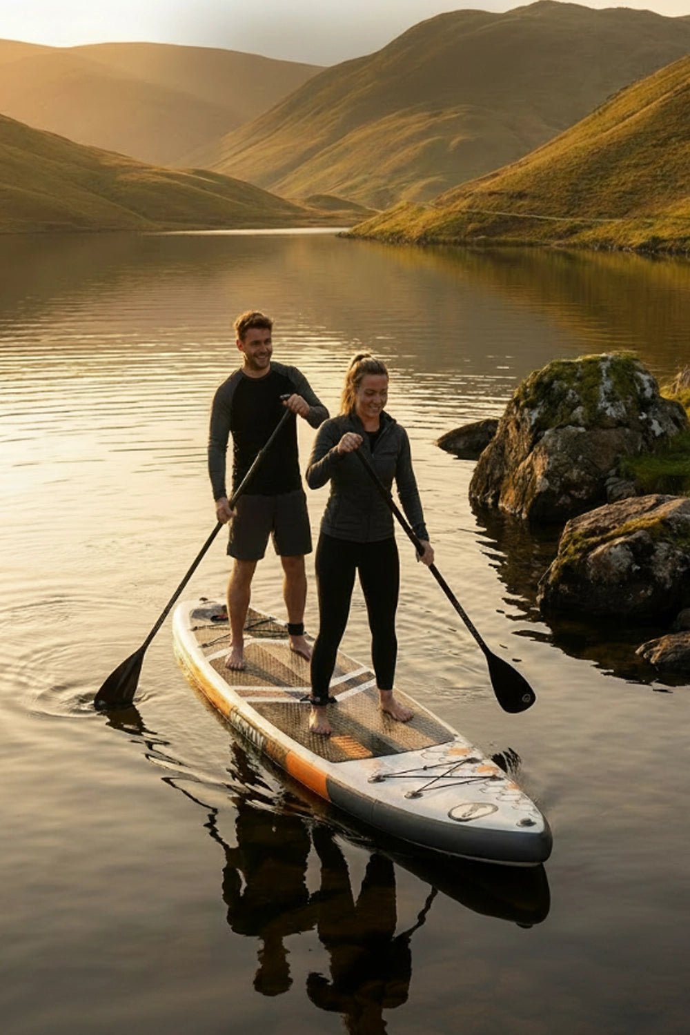 Couple paddleboarding on a tandem board at sunset
