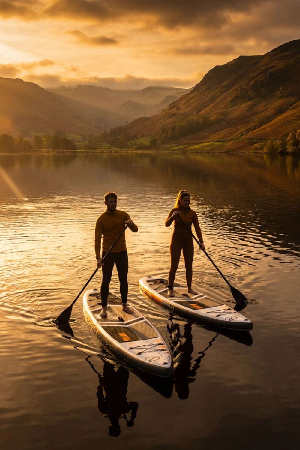Couple paddleboarding at dusk in Scottish highlands