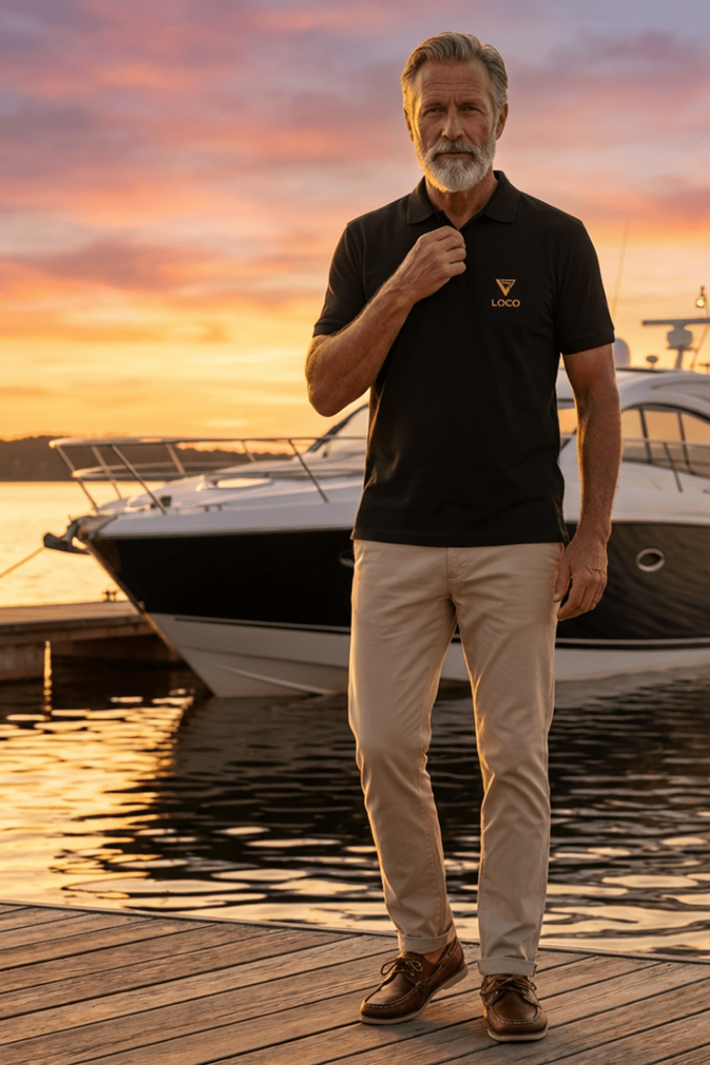 Paddleboarder standing on a dock with boats in the background during sunset, sporting his Loco Polo Shirt