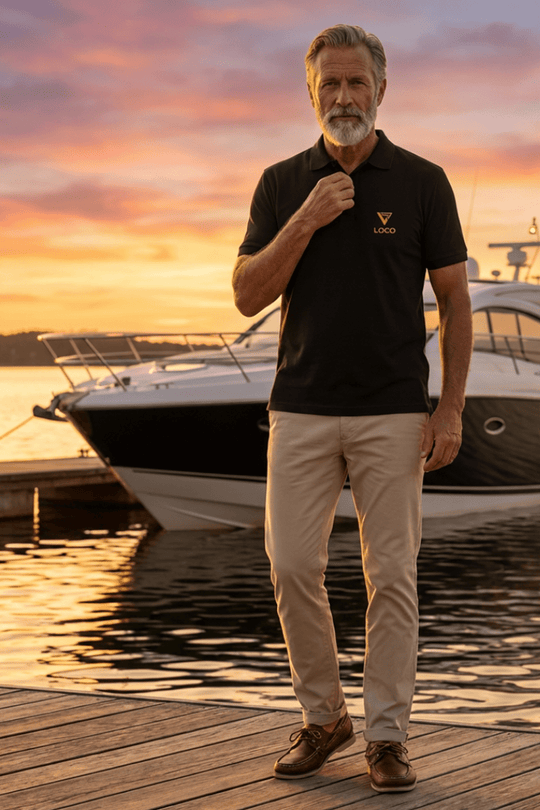 Paddleboarder standing on a dock with boats in the background during sunset, sporting his Loco Polo Shirt