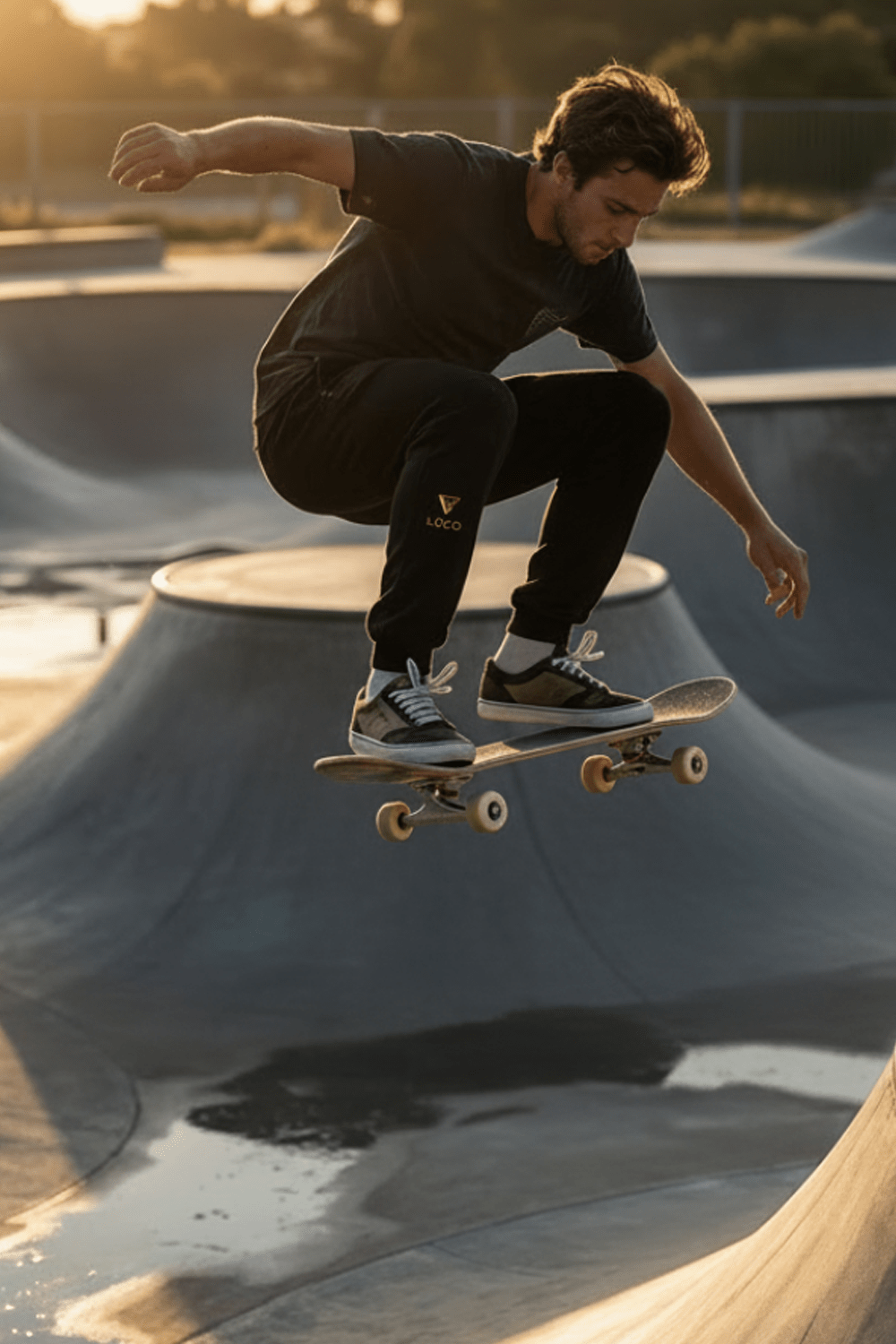 Skateboarder performing a trick at a skate park with a sunset background, his Loco joggers were on point